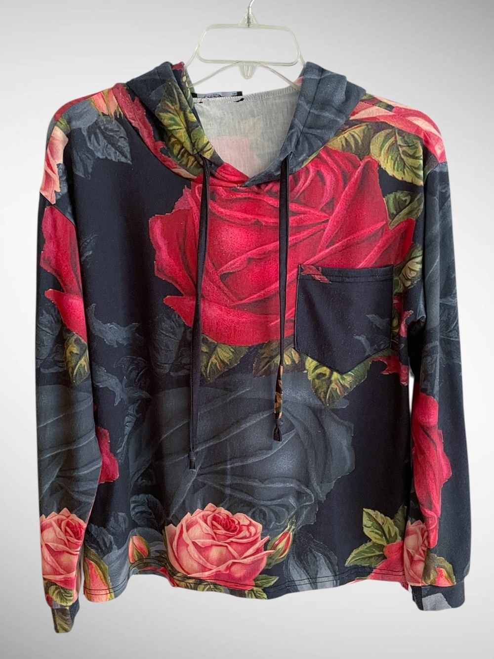 Lily by Firmiana Bold Rose Print Pullover Long Sleeve Hoodie